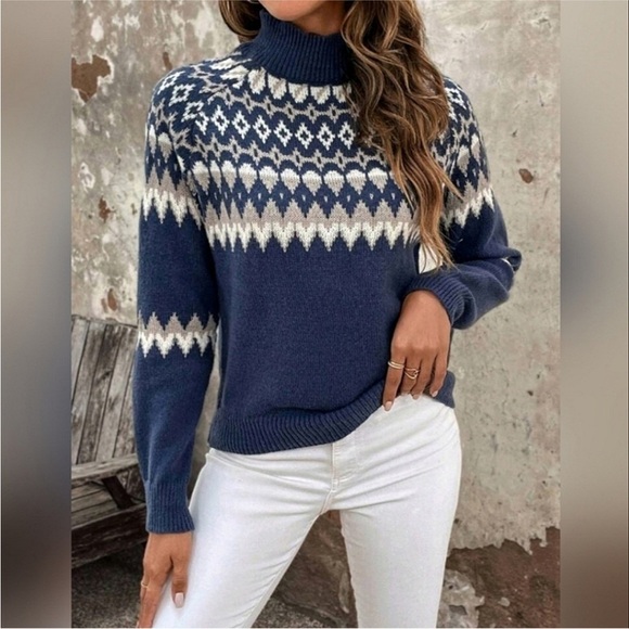 New Fair Isle Turtleneck Sweater Blue White - Picture 4 of 7